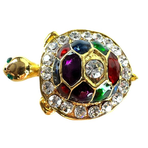 Gold Tone Jeweled Turtle Brooch Multicolor Crystal Accents & Enamel - Picture 2 of 3